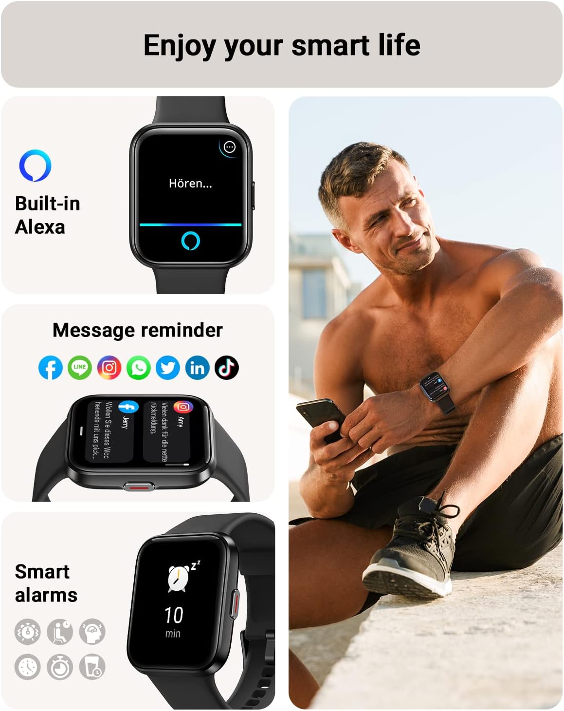 Smart Watch for Men Android & Iphone, Alexa Built-In, 1.8" Touch Screen Fitness Tracker with Answer/Make Calls, IP68 Waterproof Heart Rate/Sleep/Spo2 Monitor, Pedometer, 100+ Sport Modes