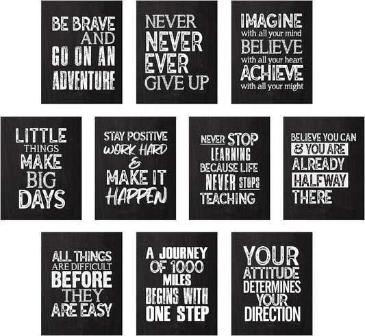 "10-Pack Inspirational Quote Wall Art Posters – Positive Affirmation Prints for Classroom, Living Room, Office Decor (Black & White, 11x14 Inches) with 80 Glue Dots"