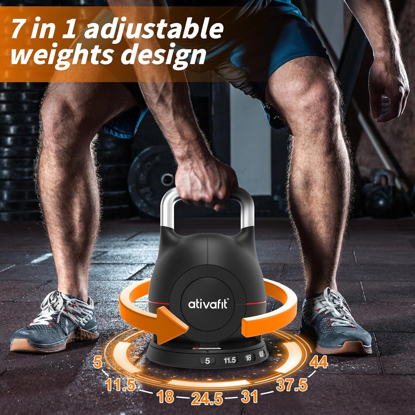 7-in-1 Adjustable Kettlebell (5-44Lbs) with Aluminum Handle & Safety Lock