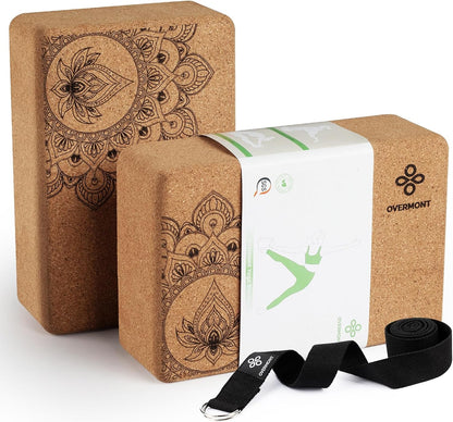 Cork Yoga Blocks 2-Pack with 8ft Strap Set – Eco-Friendly, High-Density Yoga Bricks for Pilates, Fitness & Stretching (9x6x3")